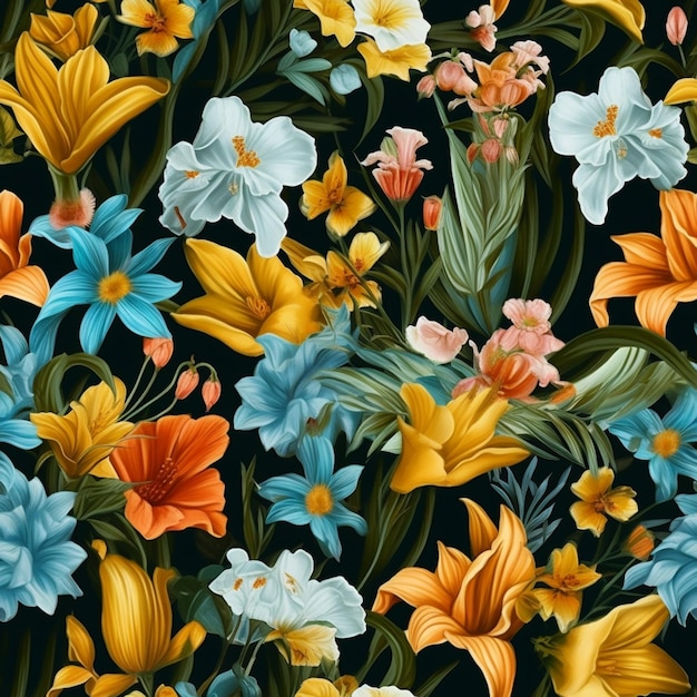 A seamless pattern of flowers on a dark background.