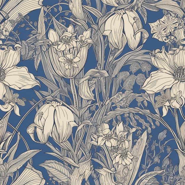 A seamless pattern of flowers and leaves.