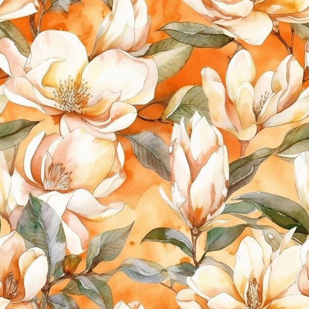 A seamless pattern of flowers with leaves and buds of a magnolia.