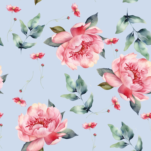 A seamless pattern of flowers with leaves and flowers.