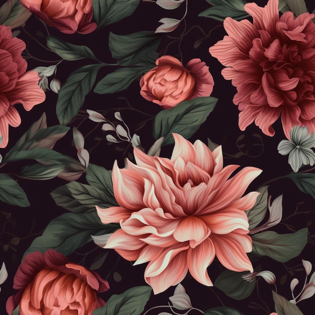 A seamless pattern of flowers with leaves and flowers.