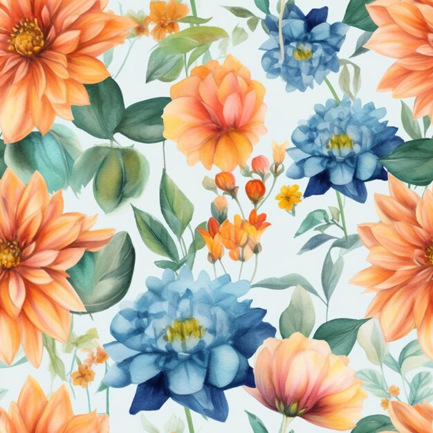 A seamless pattern of flowers with orange and blue flowers.