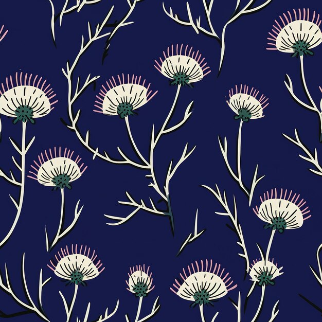 A seamless pattern of flowers with white leaves and pink flowers on a dark blue background.