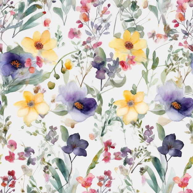 A seamless pattern of flowers with the word spring on the bottom.