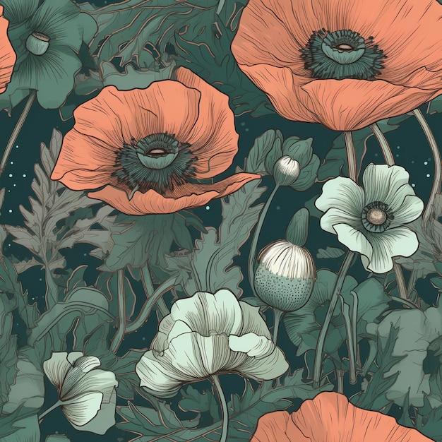 A seamless pattern of flowers with the words poppies on the bottom.