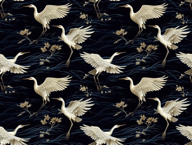 Photo a seamless pattern of flying heron flock in sky