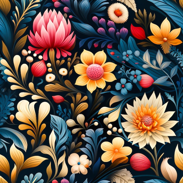 Seamless pattern of folk art of floral ornament design for use in graphics Generative ai