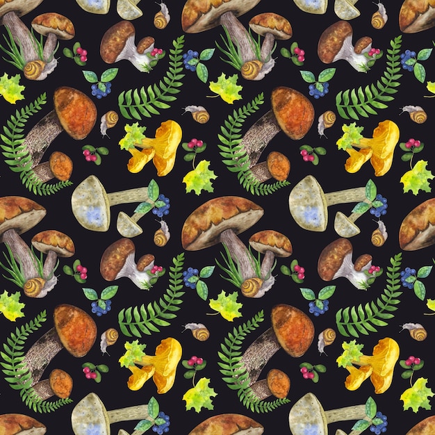 Фото Бесшовный рисунок лесных съедобных грибов, листьев и ягод, папоротника, улитки, травы, клюквы, ручной рисунок акварелью на черном фоне