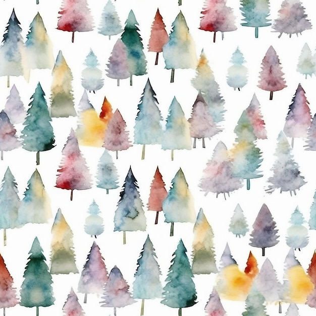 Seamless pattern of a forest woodland in primitive watercolor style