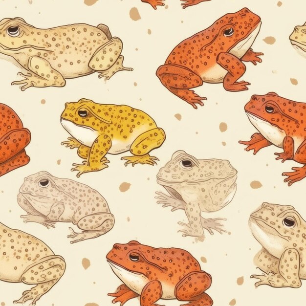 A seamless pattern of frogs on a beige background.