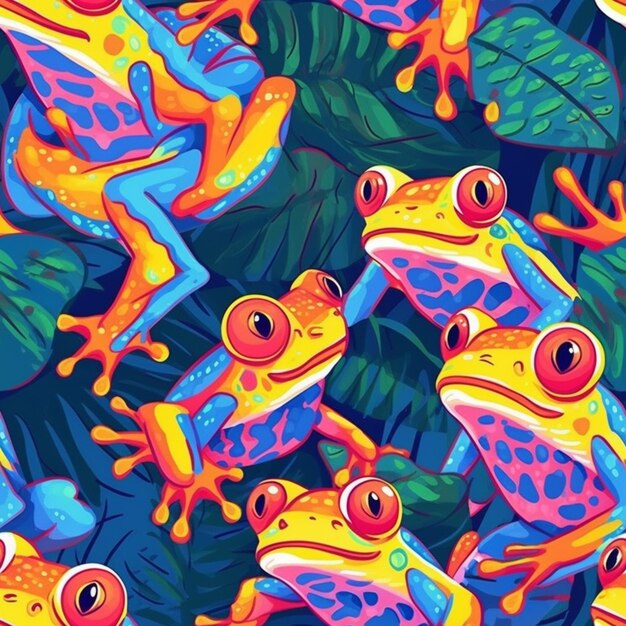 A seamless pattern of frogs with a tropical background