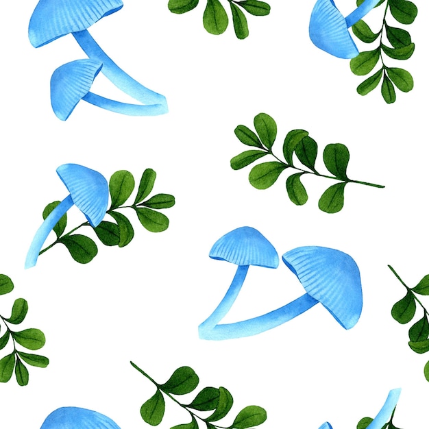 Photo seamless pattern from blue mushrooms and lingonberry leaves watercolor hand drawn illustration on white background template for the design of paper cover fabric children's interior decor