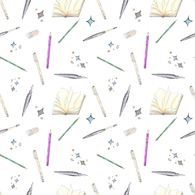 Seamless pattern from books and school stationery. Watercolor illustrations on a white background