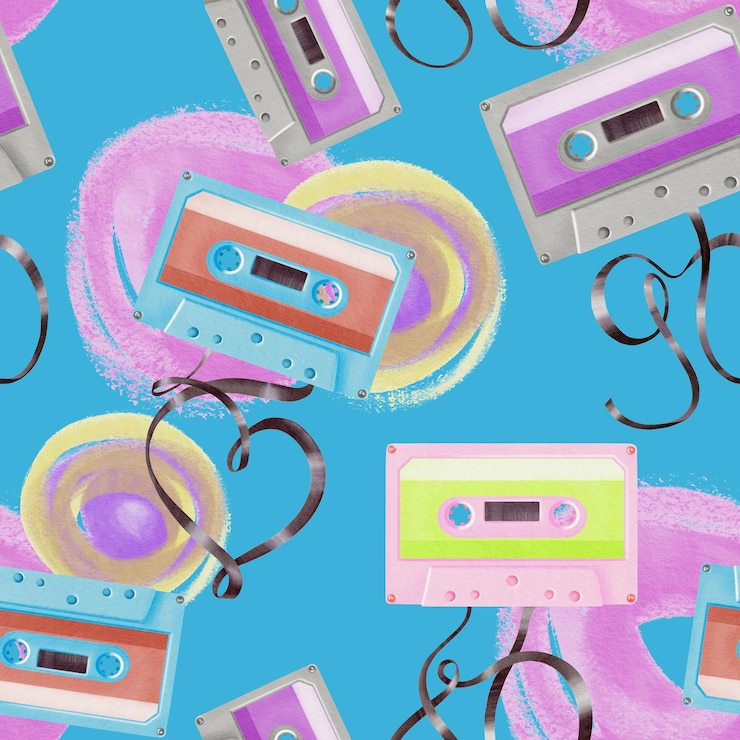 Photo seamless pattern from cassette for portable 80s90s style retro player with tapes in shape 80 90 and