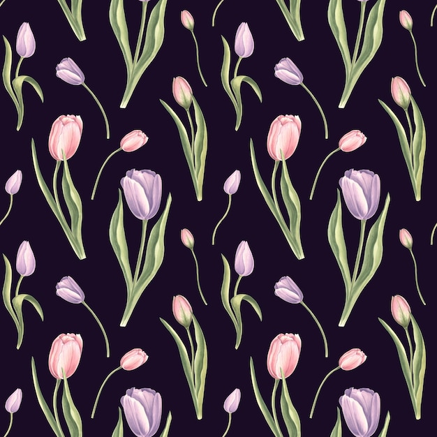 Seamless pattern from purple pink tulips with leaves on a dark background hand drawn watercolor