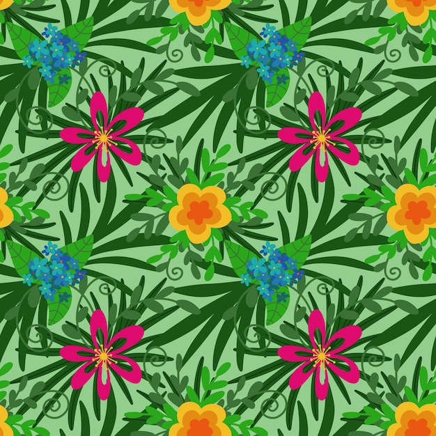 Photo seamless pattern from tropical plants and flowers on light green background