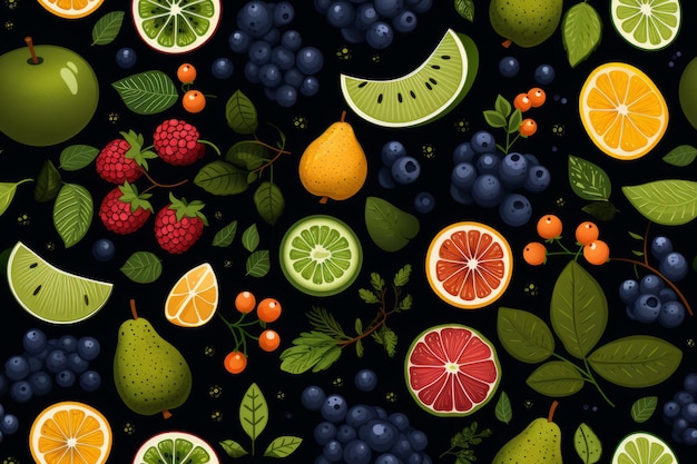 seamless pattern of fruits and berries on a black background