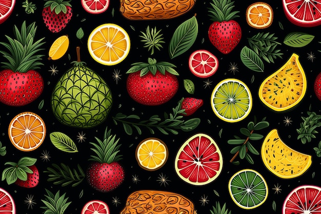 seamless pattern of fruits and berries on black background