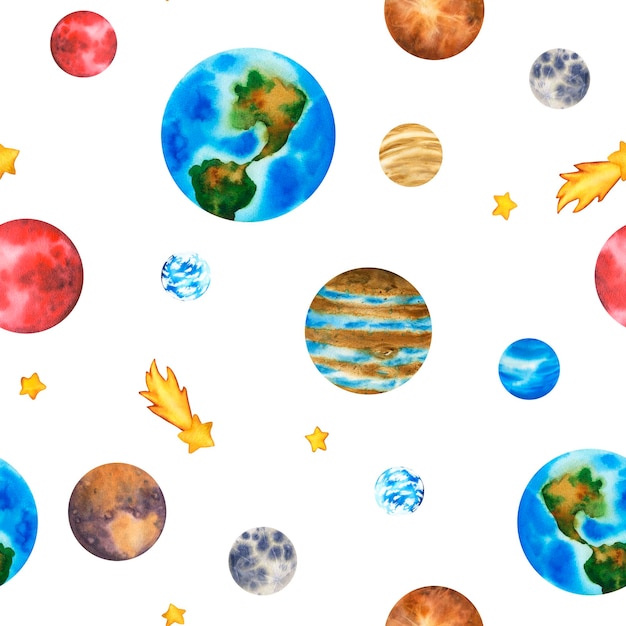 Photo seamless pattern galaxy with planets clip art solar system sun earth moon mercury asteroid jupiter mars saturn venus uranus in space watercolor illustration of outer space with stars