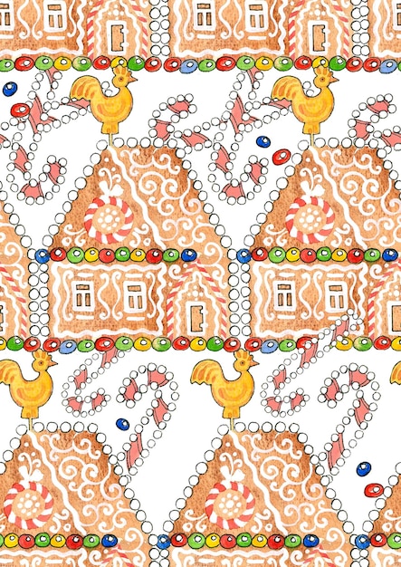 Seamless pattern of gingerbread houses colored dragees and Christmas lollipops