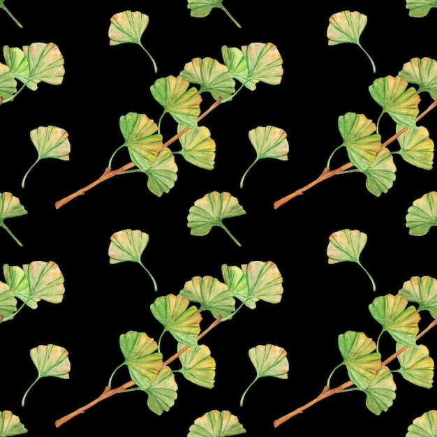 Бесшовный узор гинкго билоба зеленые и желтые листья печати ботаники листва акварельные ветви листья картинки