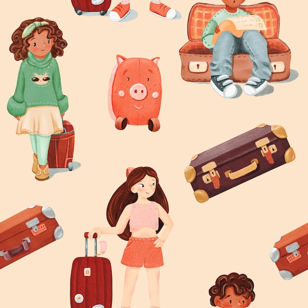 Seamless pattern of girl with luggage a darkskinned smiling girl boy sits in open empty brown retro