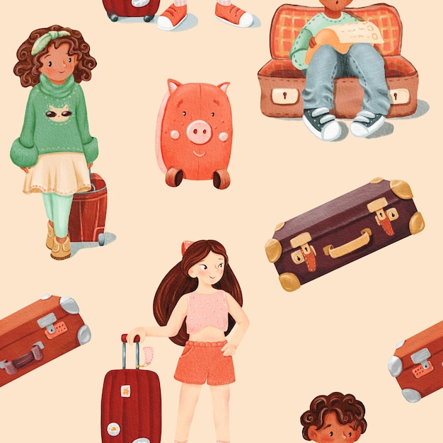 Photo seamless pattern of girl with luggage a darkskinned smiling girl boy sits in open empty brown retro