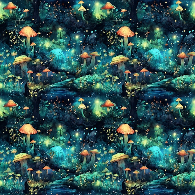 seamless pattern glowing magical forest with mushrooms and plants