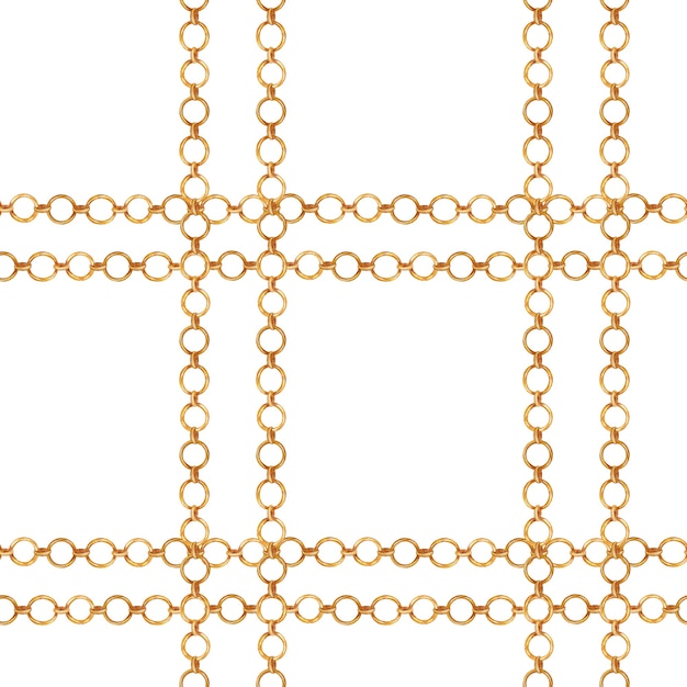 Seamless pattern of gold chains, for pendant and bracelete making, women's jewelry, golden chain watercolor drawing on a white background. Fabric texture into the cage.