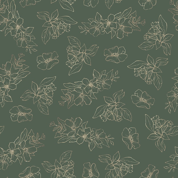 Seamless pattern. Gold outlines of spring flowers and leaves.