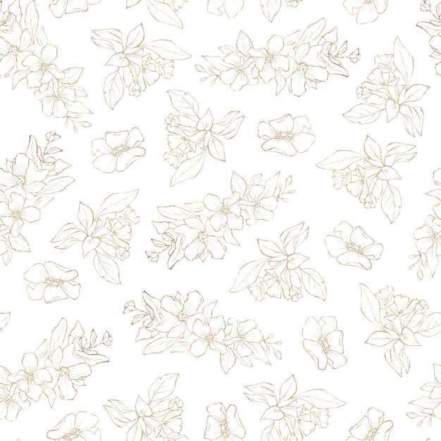 Photo seamless pattern. gold outlines of spring flowers and leaves.