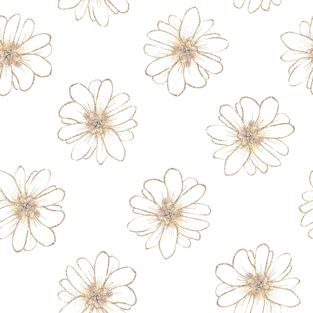 Seamless pattern. Gold outlines of spring flowers and leaves.