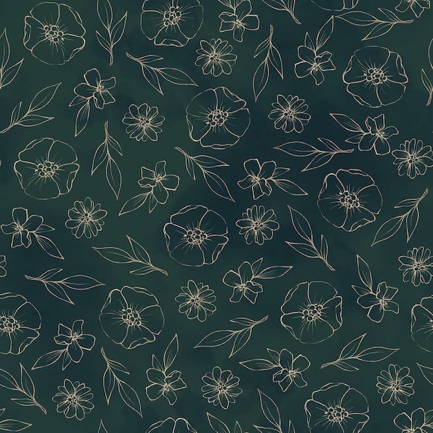 Photo seamless pattern. gold outlines of spring flowers and leaves.