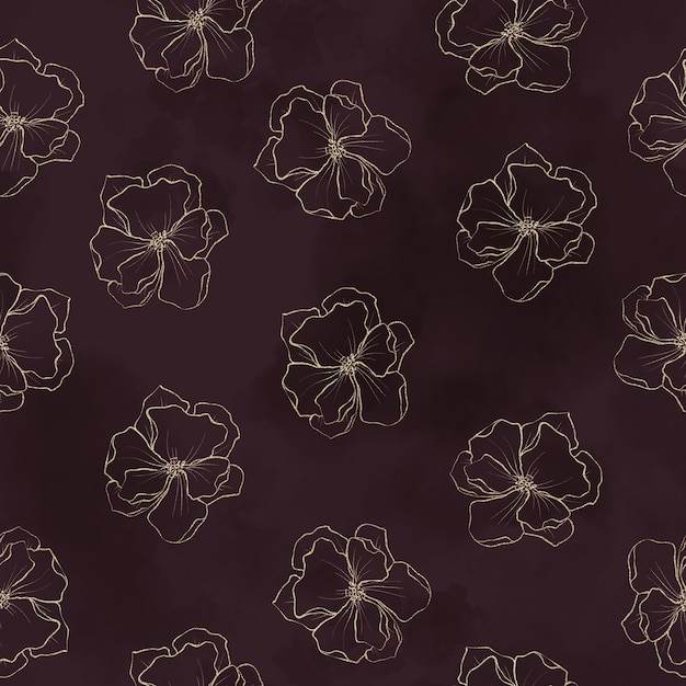 Seamless pattern. Gold outlines of spring flowers and leaves.