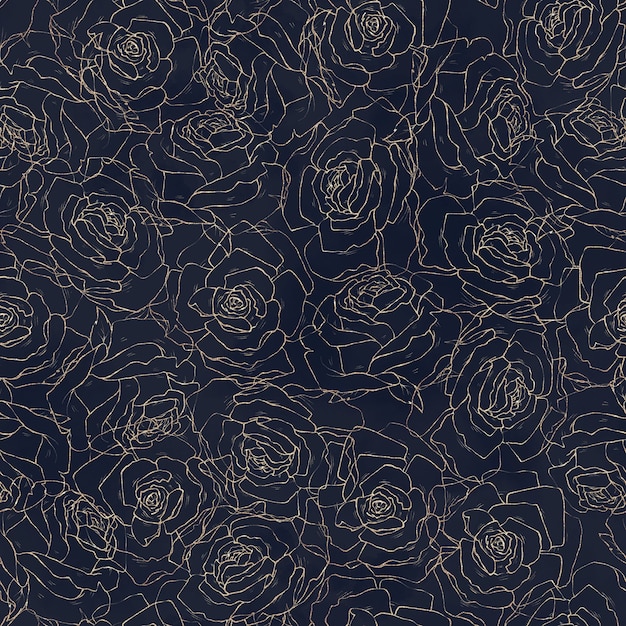 Seamless pattern. Gold outlines of spring flowers and leaves.