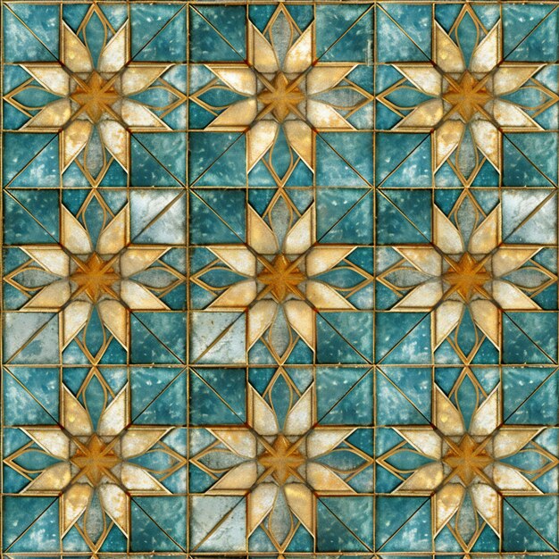 Seamless pattern of gold and turquoise mosaic tiles with star ornament