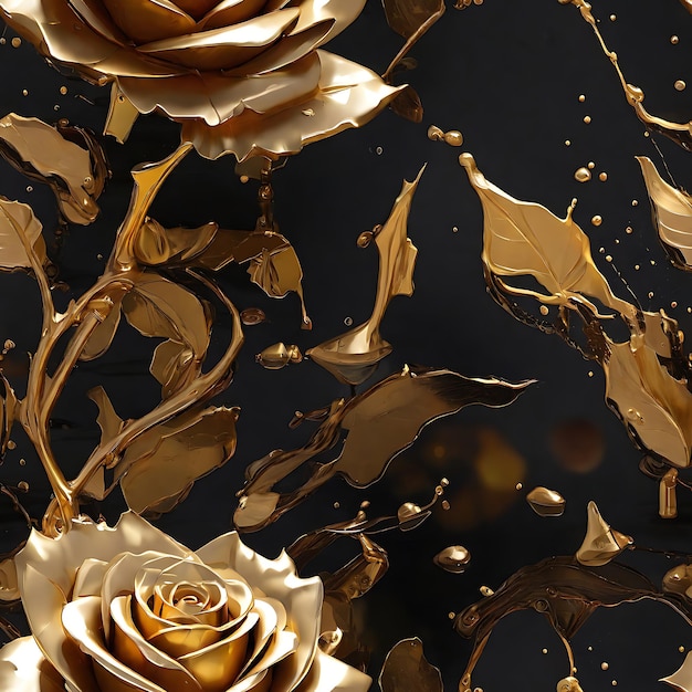 Seamless pattern of golden roses With drops of gold splashing on a black background