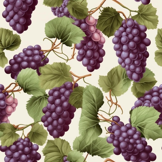 A seamless pattern of grapes with leaves and berries on a white background generative ai