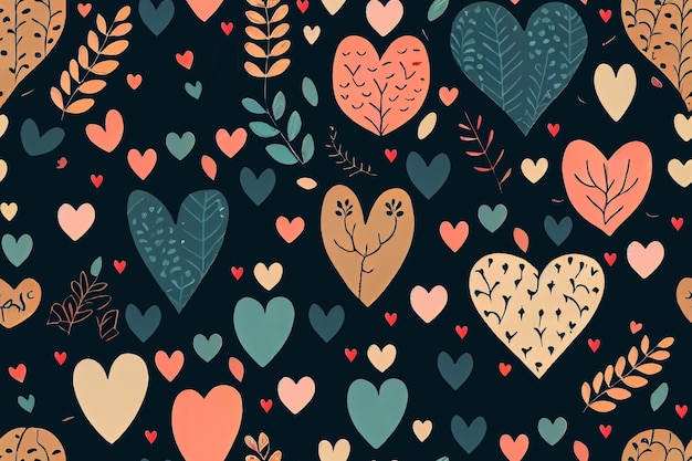 Бесшовный графический набор ручных рисунков сердец на черном фоне
