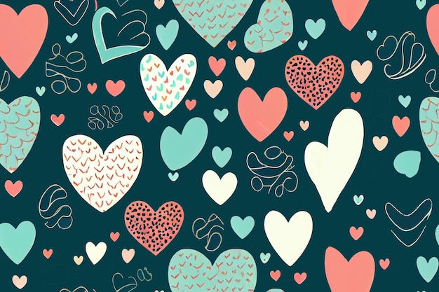 Seamless pattern graphic set of hand draw hearts on the dark background