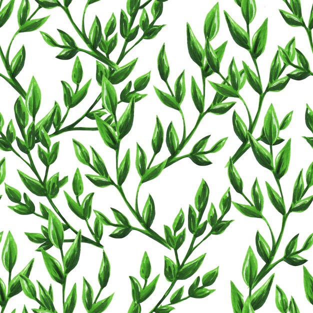 Seamless pattern of green branches on white background hand drawn marker illustration