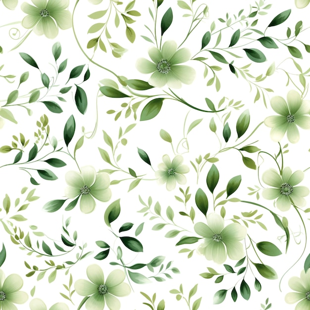 Foto fiori verdi e foglie senza cuciture che vorticano su uno sfondo bianco, disegni semplici color acqua generati dall'intelligenza artificiale