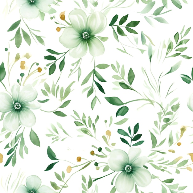 Seamless pattern green flowers and leaves swirling on a white background simple designs water color AI generated