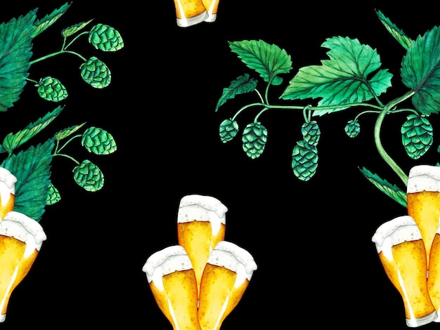 Seamless pattern green hop and beers Watercolor illustration for Octoberfest Sketch on on a black background for ornament or any design