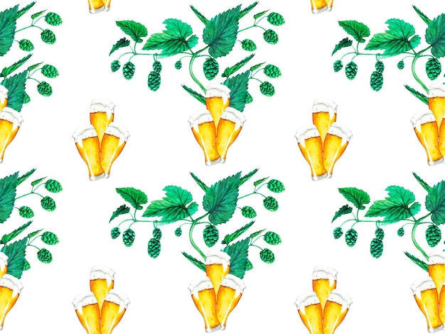 Seamless pattern green hop and beers Watercolor illustration for Octoberfest Sketch on on a transparent background for ornament or any design