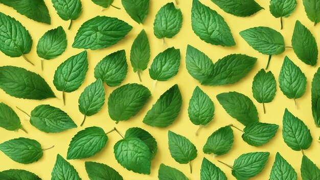 Seamless pattern of green mint leaves on a yellow background