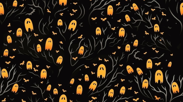 a seamless pattern of halloween ghosts and bats on a black background