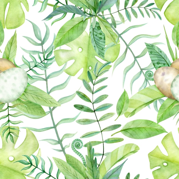 Seamless Pattern of Hand Drawn Green Watercolor Tropical Leaves and Eggs