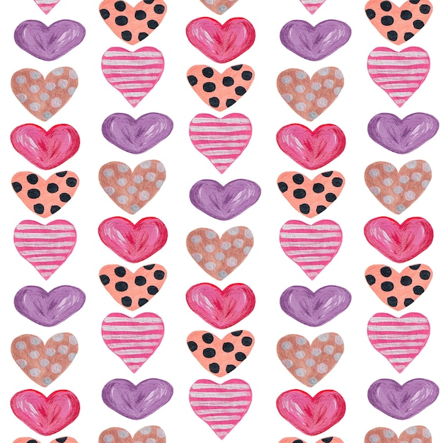 Seamless pattern of hand drawn hearts llustration Acrylic paint elementsisolated on white