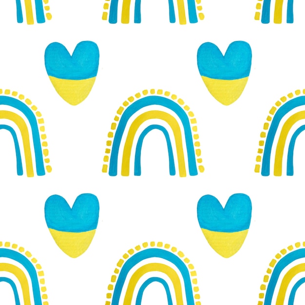 Seamless pattern Hand drawn painted rainbow and heart in yellow and blue Pray for Ukraine